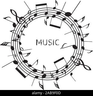 vector black and white round background with staves and music notes. abstract illustration of classical music note symbols with text Stock Vector