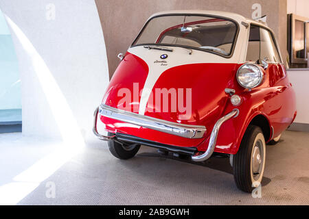 JFK Airport, Queens NY  - September 03 2019: Close up of the iconic BMW Isetta bubble car in the TWA Hotel lobby at the JFK Airport, NY September 03, Stock Photo