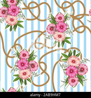 Cute colorful flowers background. Seamless Golden rope isolated.Green leaves. - illustration Stock Vector