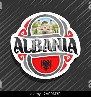 Vector logo for Albania country, fridge magnet with albanian state flag, original brush typeface for word albania and national albanian symbol - Saint Stock Vector