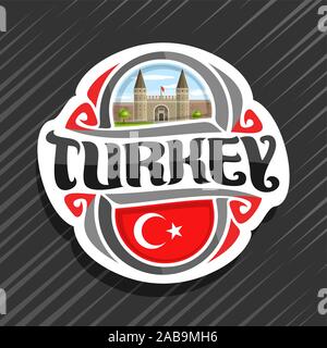 Vector logo for Turkey country, fridge magnet with turkish state flag, original brush typeface for word turkey and national turkish symbol - Topkapi p Stock Vector