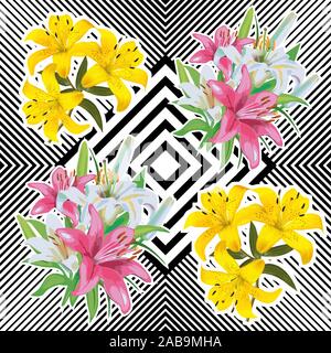 Colorful floral pattern on geometric shapes background. - vector Stock Vector