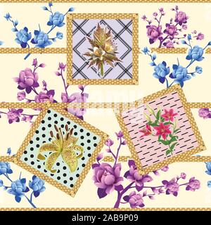 Vector flowers pattern with golden frames. Floral cute background. Geometric shapes. - illustration Stock Vector