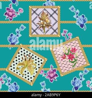 Flowers in gold frames. Seamless floral pattern with golden chain. - illustration Stock Vector