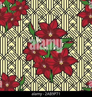 Vector seamless cherry blossoms. background of blooming red flowers. Stock Vector