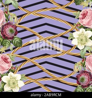 Seamless vintage flowers with golden rope on geometric background. - illustration Stock Vector
