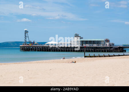 View of Bournemouth Pier with zip wire tower on a bright Summers Day Stock Photo