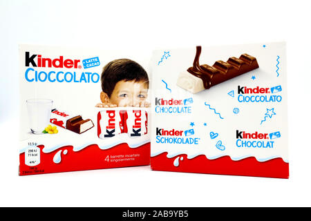 Kinder Chocolate bars. Kinder is a brand of food products made in Italy by Ferrero Stock Photo