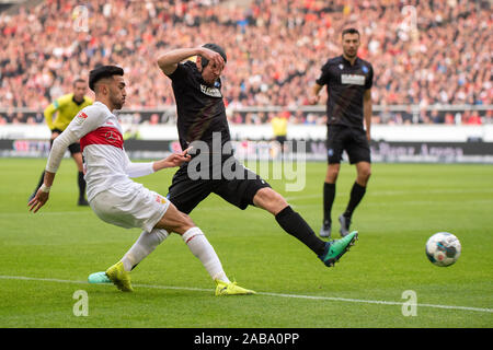 Stuttgart, Germany. 24th Nov 2019.STUTTGART, GERMANY - NOVEMBER 24: Nicolas Gonzalez (VfB Stuttgart) and Damian Rossbach (Karlsruher SC) at the Football, 2. Bundesliga 2019/2020 - VfB Stuttgart v Karlsruher SC at the Mercedes-Benz Arena on November 24, 2019 in Stuttgart, GERMANY. Credit: Cal Sport Media/Alamy Live News Stock Photo