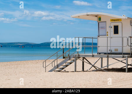 RNLI Lifeguards Lookout hut on the beach on a hot summers day in summertime at Boscombe Bay, Bournemouth Dorset England UK Stock Photo