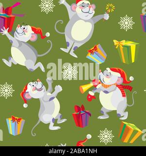 Vector seamless pattern with different cute mouse characters on green background. Vector stock illustration.Winter holiday, Christmas eve concept. For Stock Vector