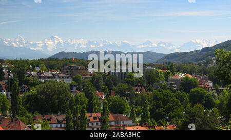 View from the city Bern, Switzerland, at the Alps. Picture was taken on the Swiss National Day on August 1 2019. Stock Photo