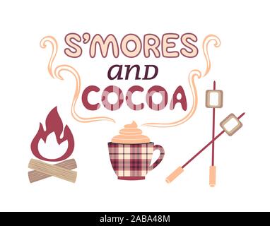 Warm cozy smores and cocoa station welcome sign vecto Stock Vector