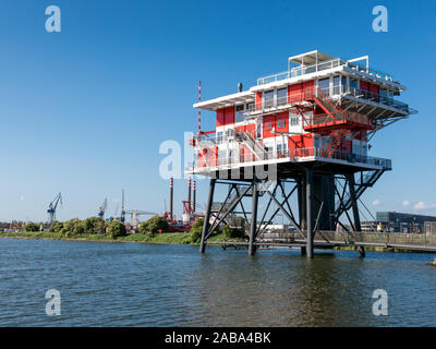 REM-eiland restaurant, former pirate radio station on North Sea on oil rig platform, now located in Amsterdam docklands, Netherlands Stock Photo