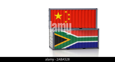 Two freight container with China and South Africa national flag. 3d rendering Stock Photo