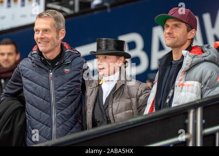 STUTTGART, GERMANY - NOVEMBER 17: Coach Isabell Werth, Homecoach Götz Brinkman and husband Thomas Müller (FC Bayern Muenchen) look closely at the Stuttgart German Master 2019 - CDI4* - German Dressage Master, Prize of Company Tisoware at the Hans-Martin-Schleyer-Halle on November 17, 2019 in Stuttgart, GERMANY. Stock Photo