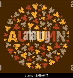 The word AUTUMN surrounded by tree leaf. Vector grunge background illustration. Stock Vector