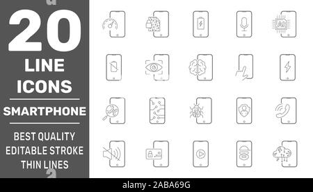 Modern smartphones vector icons. Linear pictograms collection. Modern smartphones vector icons set. Editable Stroke. EPS 10 Stock Vector