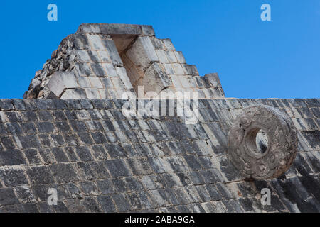 Detail of the Pelota stone ring and the umpire position of the Chichen Itza ball court in Mexico Stock Photo