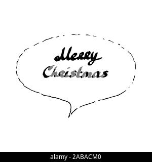 Lettering Ink Pen letters Merry Christmas in cloud speech bubble. Hand draw sketch. Vector calligraphy illustration isolated on white background. Typography for banners, badges, postcard, t-shirt, prints, posters. EPS10 Stock Vector