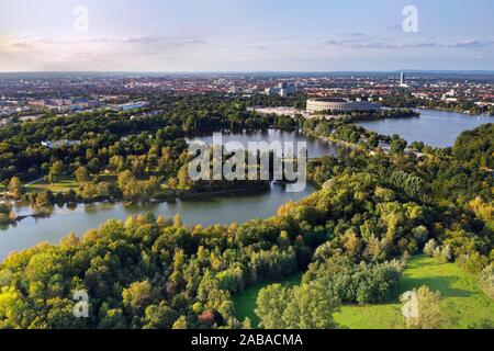 View from Silberbuck hill to Silbersee lake and large and small Dutzendteich pond, NSDAP party convention grounds with congress hall, Nuremberg Stock Photo