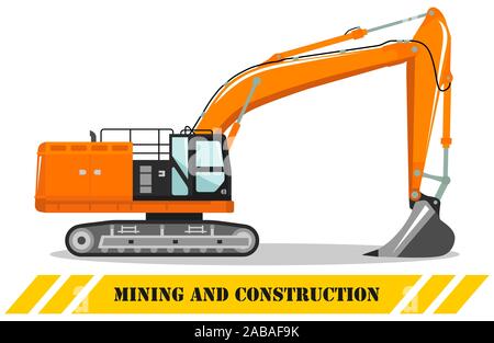 Excavator. Detailed illustration of heavy mining machine and construction equipment. Vector illustration. Stock Vector