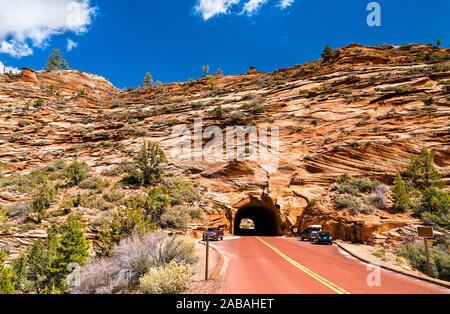 Tunnel through the the rocks. Zion National Park. Utah, USA Stock Photo ...