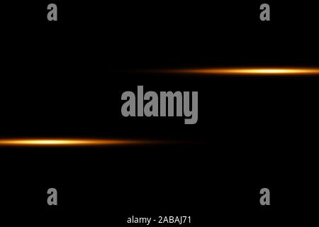 Golden horizontal lens flares pack. Laser beams, horizontal light rays. Beautiful light flares. Glowing streaks on dark background. Luminous abstract Stock Vector