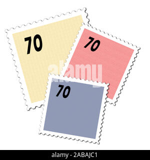 Three colorful postage stamps in front of white background Stock Photo