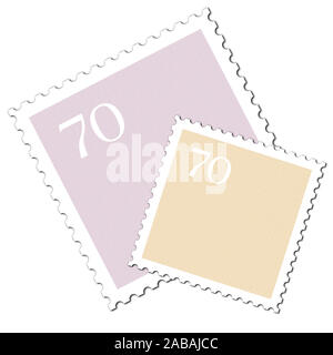 Two colorful postage stamps in front of white background Stock Photo