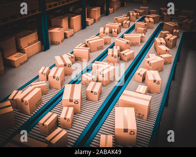 classic conveyor and boxes in warehouse 3d rendering image Stock Photo