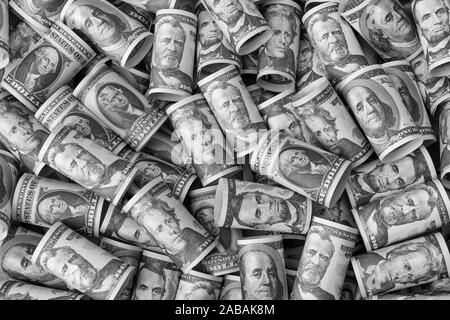 Black white US Dollar bills / Greenbacks (training ones) For Presidents' Day, Wall Street, $ bills, Dollar safe haven, U.S. debt, 401k Plan. Stock Photo