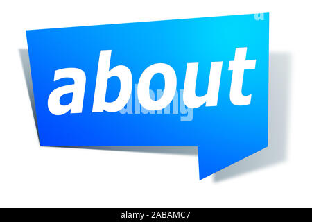 Ein blaues Etikett vor weissem Hintergrund mit der Aufschrift: 'about'