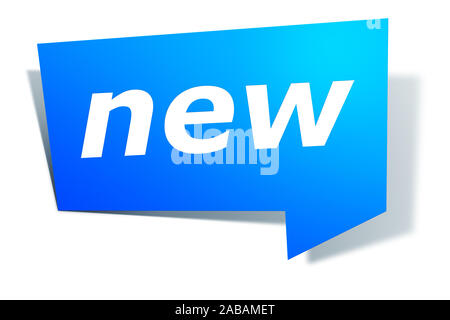 Ein blaues Etikett vor weissem Hintergrund mit der Aufschrift: 'new'