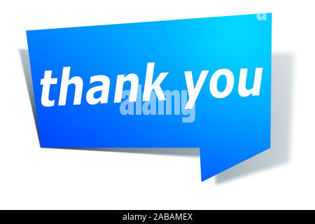 Ein blaues Etikett vor weissem Hintergrund mit der Aufschrift: 'thank you'