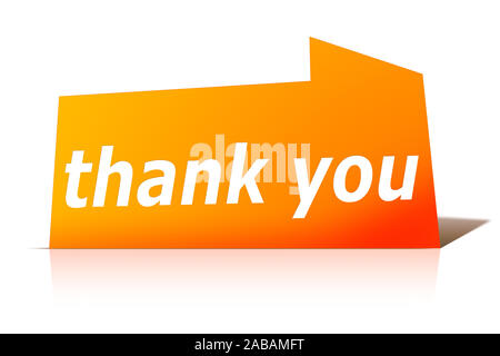 Ein oranges Etikett vor weissem Hintergrund mit der Aufschrift: 'thank you' Ein oranges Etikett vor weissem Hintergrund mit der Aufschrift: 'thank you'