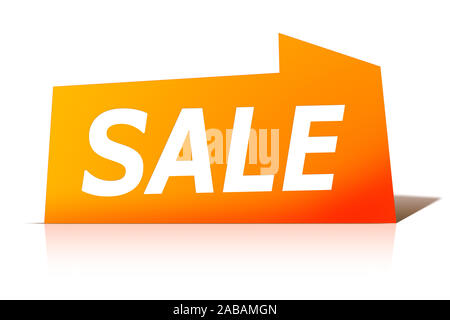 Ein oranges Etikett vor weissem Hintergrund mit der Aufschrift: 'SALE'