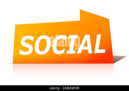 Ein oranges Etikett vor weissem Hintergrund mit der Aufschrift: 'SOCIAL'