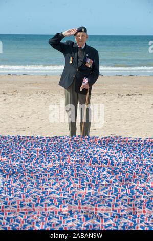 Cyril Ager a sapper from the Royal Engineers who landed on 'Gold Beach' D-Day plus half hour planting a flag in remembrance for the D- Day anniversary celebrations. June 5th 2014. Stock Photo