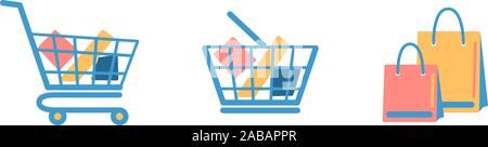 Set of shopping basket, cart, bags with goods flat icons isolated on white background. Blue full shop box for website design development. Single simple market object. vector supermarket store elements Stock Vector