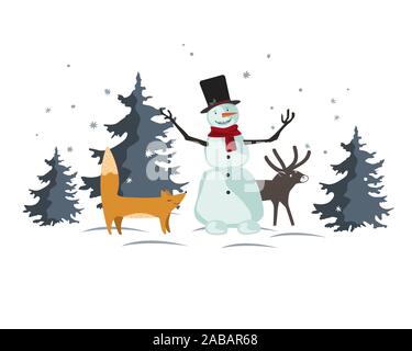 Christmas vector with funny cartoon forest animals and snowman in the winter forest. Design for posters, banners, sales and other winter events. Stock Vector