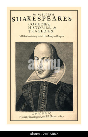 Shakespeare's First Folio 17th C TITLE PAGE William Shakespeare. Shakespeares Comedies, Histories, & Tragedies. Published according to the true original copies. London, Printed by Isaac Iaggard, and Ed. Blount, engraving by artist Martin Droeshout, 1623 The Droeshout portrait or Droeshout engraving is a portrait of William Shakespeare engraved by Martin Droeshout as the frontispiece for the title page of the First Folio collection of Shakespeare's plays, published in 1623. It is one of only two works of art definitively identifiable as a depiction of the poet. Stock Photo