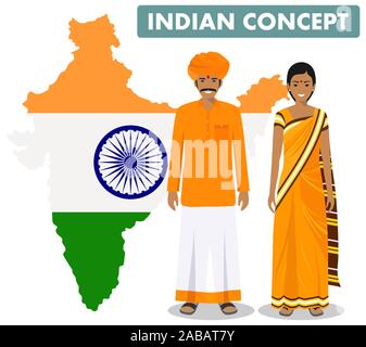 Family and social concept. Set of couple standing together indian man and woman in different traditional national clothes on background with map of Stock Vector