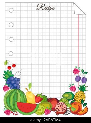 Note paper with fruit. Paper for recipes. Form for recipes. Beautiful paper for kitchen records Stock Vector