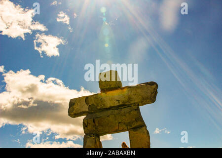 June 16 2018, Whistler Canada: editorial photograph of an inukshuk at the top of whistler Mountain. This is where you hike to the peak. Stock Photo