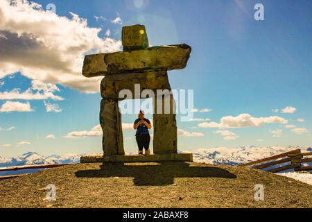 June 16 2018, Whistler Canada: editorial photograph of an inukshuk at the top of whistler Mountain. This is where you hike to the peak. Stock Photo