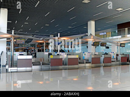 BRATISLAVA, SLOVAKIA SEPTEMBER 4, 2019: heck-in registration desks in departure hall of Bratislava airport Stock Photo