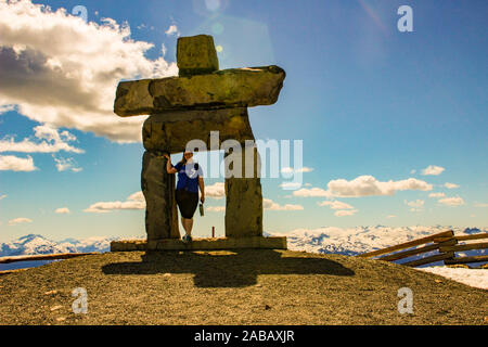 June 16 2018, Whistler Canada: editorial photograph of an inukshuk at the top of whistler Mountain. This is where you hike to the peak. Stock Photo