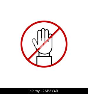 STOP! No entry! Red stop hand sign for prohibited activities. Stop hand Vector illustration, stop hand red badge, stop hand icon, black stop hand pict Stock Vector