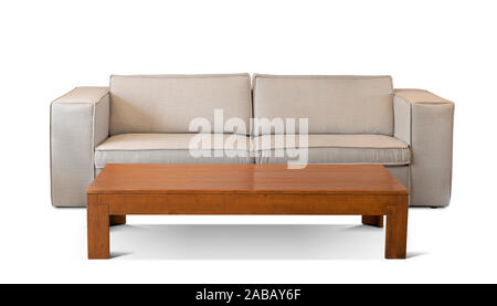 Front view beige couch on white. Stock Photo